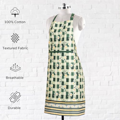 FINGERCRAFT Apron, Dual Pocket, Adjustable Tie, Multipurpose Washable Bib Apron for Home, Kitchen, Chef and Professionals - color: Green Daisy Gingham