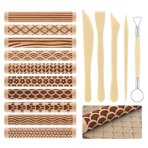 Clay Texture Rollers Set, Ergonomic Handle-Free Design with Comfortable Grip, Plastic & Birch Wood, Includes 10 Texture Sticks and 5 Tools for Modeling and Pottery Decor
