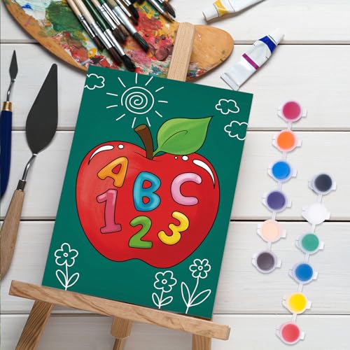 Anseal 12 Packs Pre Drawn Canvas to Paint, Back to School Pre Printed Canvas for Kids, Pre Stretched Canvas Outline Painting Boards for Beginners, Students, Party Favor（ 5" X 7"） - color: School