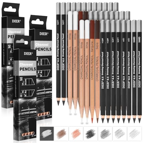 Geyoga 36 Pcs Charcoal Drawing Set Black White Brown Charcoal Pencils for Sketching, Shading, Blending, Portrait, for Beginners & Artists