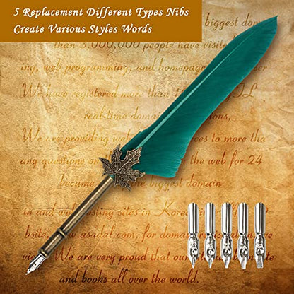 AHIER Quill Pen and Ink Set, Feather Pen Quill Pen Set Includes 5 Steel Replacement Nibs,Pen Nib Base and Dip Ink Bottle for Antique Calligraphy - color: Green