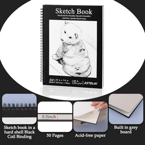 DSTELIN 10 x 7.5 Inch Black Sketchbook Set, 2-PC, Spiral Bound, 50 Acid-Free Drawing Sheets Each, Ideal for Beginners to Professionals