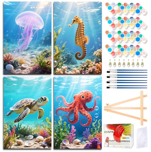 Muzagroo Art 4 Pcs Paint by Numbers Kits for Adults Framed Canvas with Wooden Easel DIY Sea Turtle Acrylic Oil Paintings Kits Paint by Numbers on Canvas Wall Art (8x12 inch) - color: Ocean