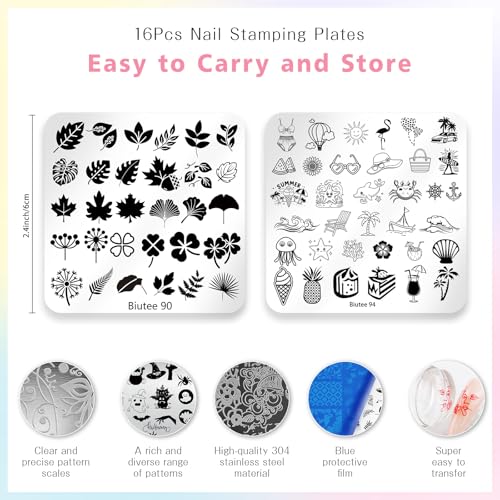 Biutee Nail Stamp Plates 16PCS Nail Stamping Kit 8 Nail Stamping Gel Polish | 1 Nail Art Stamper Scraper & Storage Bag, Nail Stamp Kit Flower Butterfly Animal Design for Beginners & Nail Lovers - color: 27pcs set