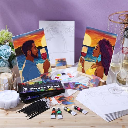 Ctosree 72 Pcs Lovely Couple Paint and Sip Kit for Adults 8'' x 10'' Pre Drawn Canvas for Painting DIY Pre Printed Canvas for Party Favor Afro Acrylic Painting Kit Wood Easel Brushes Date Night Bulk - style: Lovely Couple