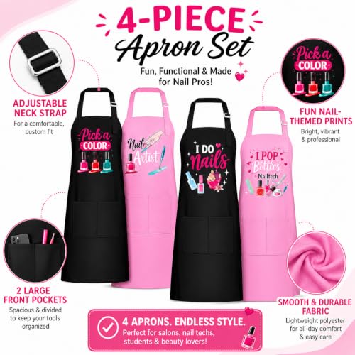 4 Pack Funny Nail Tech Aprons for Women, Waterproof Smocks with Pockets | Four fun nail artist aprons with adjustable neck straps and 2 roomy pockets for salons, beauty schools and home manicures