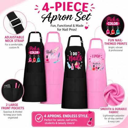 4 Pack Funny Nail Tech Aprons for Women, Waterproof Smocks with Pockets | Four fun nail artist aprons with adjustable neck straps and 2 roomy pockets for salons, beauty schools and home manicures