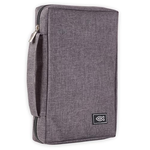 Christian Art Gifts Men & Women’s Bible Cover – Gray Canvas, Large Size with Jesus Fish Symbol – Durable, Inspirational Scripture Case with Zipper Closure, Handle, Pen Loop & Storage Pockets - color: Gray/Jesus Fish, size: Large