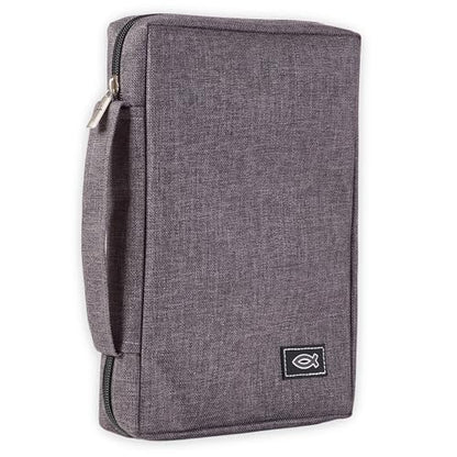 Christian Art Gifts Men & Women’s Bible Cover – Gray Canvas, Large Size with Jesus Fish Symbol – Durable, Inspirational Scripture Case with Zipper Closure, Handle, Pen Loop & Storage Pockets - color: Gray/Jesus Fish, size: Large