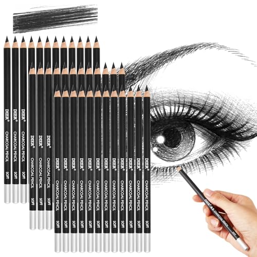 Geyoga 36 Pcs Professional Charcoal Pencils Soft, Medium and Hard for Drawing Charcoal Pencils for Sketching Shading Drawing Blending Portrait(Black, Soft) - style: Soft