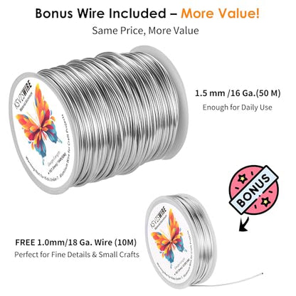 Aluminum Craft Wire 16 Gauge(1.5 mm)–164 FT(50 M)+18 Gauge (1.0 mm) 32.8FT (10 M) KSVZS Anodized Aluminum Wire,Flexible Metal Wire for Crafts,Sculpting,Jewelry Making,Armature and DIY Crafts(Silver) - size: 16 Gauge