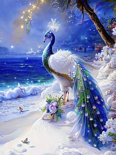 WCHUIMM Peacock Diamond Painting Kits for Adults, Peacock Diamond Painting, DIY 5D Beach Diamond Painting Beach Diamond Art Kits Picture for Home Wall Decor 12×16inch - color: Peacock