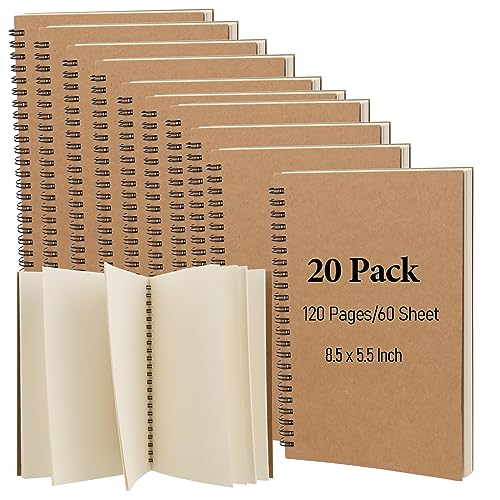 20 Pack A5 Unlined Spiral Notebook, 120 Pages/60 Sheets Softcover Kraft Blank Stketch Book Journal Notebook, Sketch Pad for Drawing, Sketching, Writing, 8.3 x 5.5 inch - size: A5 120 Pages 20 PCS
