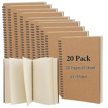 20 Pack A5 Unlined Spiral Notebook, 120 Pages/60 Sheets Softcover Kraft Blank Stketch Book Journal Notebook, Sketch Pad for Drawing, Sketching, Writing, 8.3 x 5.5 inch - size: A5 120 Pages 20 PCS