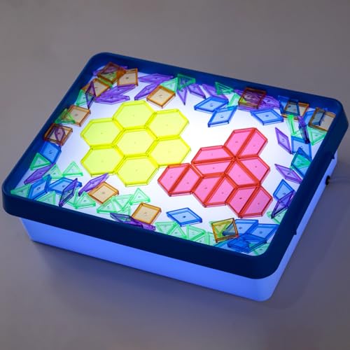Light Box with Pattern Blocks & Cards Set (Blue) | Educational Toys for Tracing, Sensory Play & Early Learning, Light Table for Kids - style: Blue