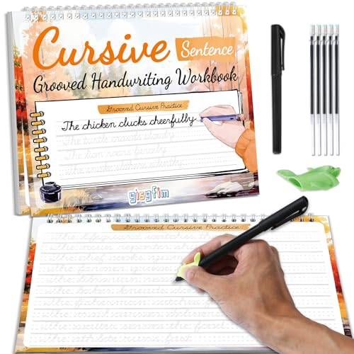 gisgfim Grooved Cursive Handwriting Workbook Magic Reusable Grooved Cursive Handwriting Practice Guided Tracing with Disappearing Ink Pens for Beginners Kids Learning Activities Supplies (Sentence) - style: Sentence