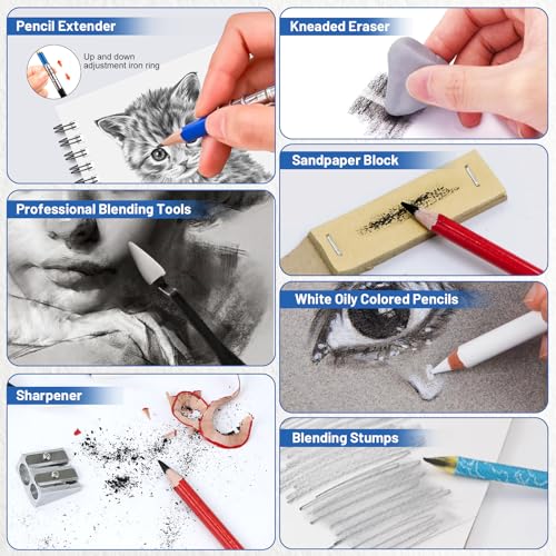53 PCS Drawing Kit Sketching Pencil Set, Sketch Pencils Art Supplies with Graphite, Charcoal, Blending Tools, Drawing Pencils for Artists Adults Beginner Family Friends