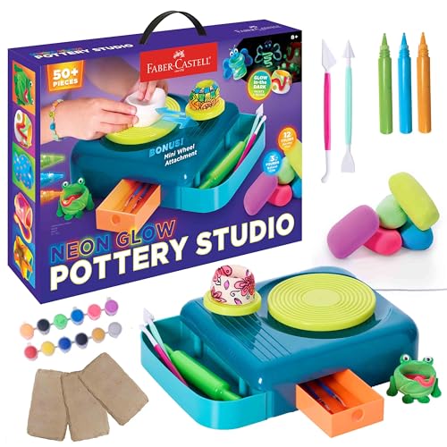 Faber-Castell Neon Glow Pottery Studio: Create Your Own Pottery Designs with USB-Powered Pottery Wheel, Air Dry Clay, Neon & Glow in The Dark Paints, Tools & 50+ Craft Supplies for Kids (Ages 8+) - size: Deluxe Starter Bundle