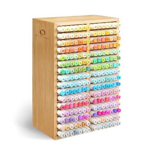 Ohuhu Bamboo Marker Organizer Hold 224 Markers for Honolulu Oahu Series | Markers Pens Pencils Stationary Organizer Holder Desktop Storage with 32 Compartments for Classroom Office Decor Home - style: Right Angle Hold 224 Markers