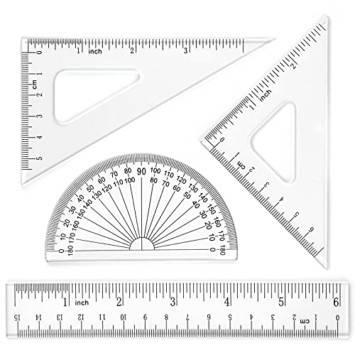 Coopay 6 Inch Math Geometry Tool Plastic Ruler Square Set Includes Straight Ruler, Triangles, Protractor for Student School Office Supplies (Clear) - color: Clear, size: 6 Inch