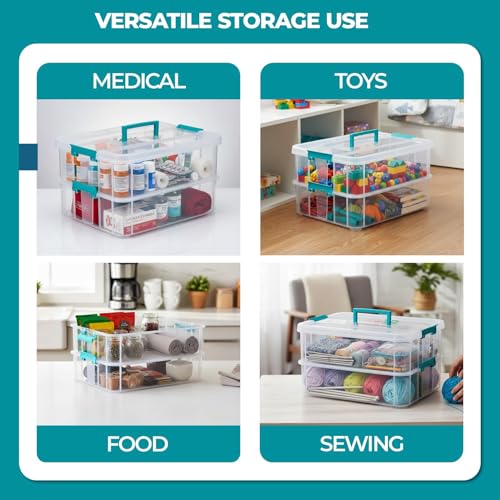 Tribello Craft Box & Art Supply Storage Organizer – Stackable Art Organizer and Craft Storage Box with Handle, 2-Layer Clear Art Supplies Organizer (14 x 10 x 7)