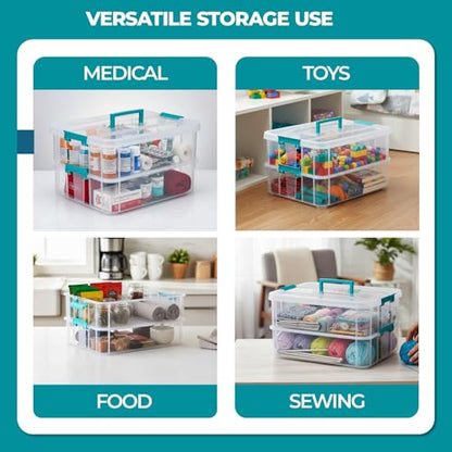Tribello Craft Box & Art Supply Storage Organizer – Stackable Art Organizer and Craft Storage Box with Handle, 2-Layer Clear Art Supplies Organizer (14 x 10 x 7)