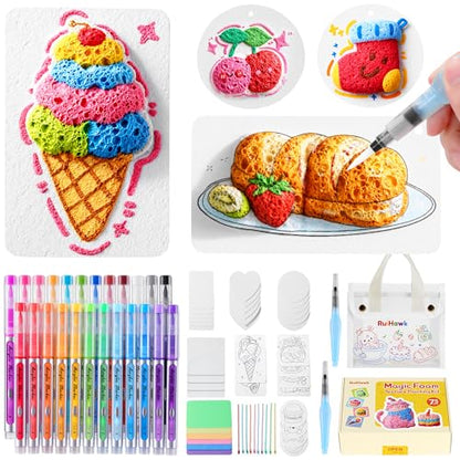 RuiHawk 3D Magic Foam Texture Painting Kit, 75 Pcs Puff Paint Art Supplies for Kids with 24 Auto-Flow Markers, 38 Texture Sheets & 10 Bead Necklace, Non-Toxic Creative Arts Crafts for Kids Ages 4-16