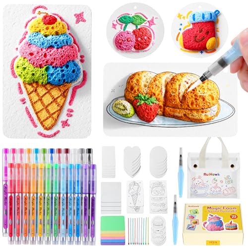 RuiHawk 3D Magic Foam Texture Painting Kit, 75 Pcs Puff Paint Art Supplies for Kids with 24 Auto-Flow Markers, 38 Texture Sheets & 10 Bead Necklace, Non-Toxic Creative Arts Crafts for Kids Ages 4-16