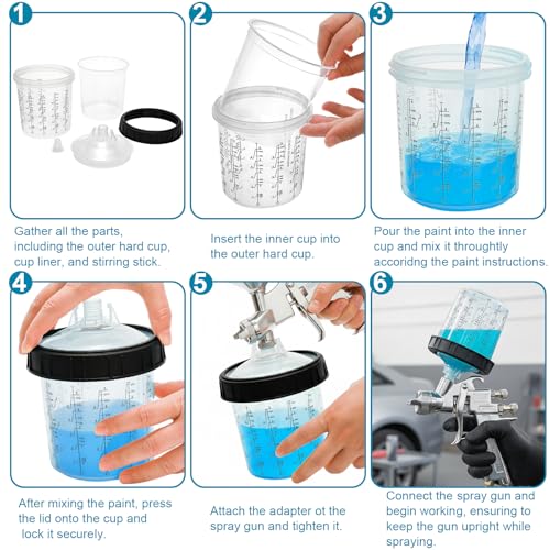 Yesland Disposable Paint Sprayer Mixing Gun Cup Liners and Lid System for Automotive Paint Gun, 20 Pack Paint Cups 20 Ounce (600ml) Kit, 20 Lids with Strainer, 8 Plugs, 1 Hard Cup with Retainer Ring