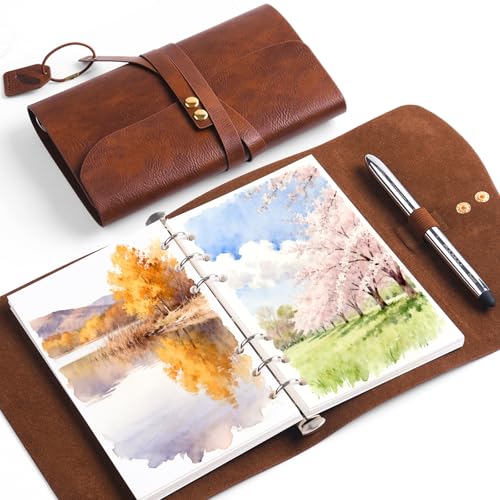 Fuumuui Portable Watercolor Sketchbook with Dual-Tip Travel Brush - Watercolor Journal 100% Cotton Acid Free 300gsm Cold Press Paper, 20 Sheets 4.7"x7.5" for Artists, Adults, Travel Art Journal - color: PU Leather Brown