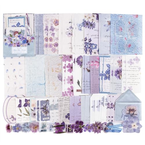 RISYPISY 100Pcs Floral Scrapbook Supplies Kit for Junk Journal | Scrapbooking Paper & PET Stickers Bundle – Botanical Floral Collage Kit for Card Making, Art Journal(Blue) - color: Blue
