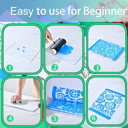 Reusable Gel Printing Plate Kit, Complete Printmaking Set with 5" X 7" Gel Plate, Acrylic Paint, Paper, Baren, Rubber Roller, Stencils and Storage Box, Easy Clean Plate, Creative Art DIY Printmaking