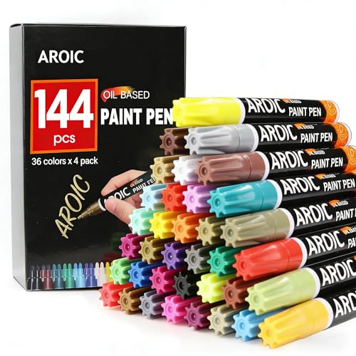 AROIC 144Pcs Oil-Based Paint Pens for Rock Painting - 36 Colors | Write On Anything Waterproof Painting Marker Pen for Wood, Metal, Plastic, Glass, Canvas, Ceramic, Medium-Tip Paint Markers - color: 144pcs