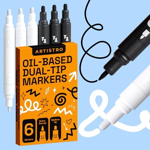 ARTISTRO 6 Black & White Permanent Markers, Oil Based Paint Markers Dual Tip (0.7mm+3mm), Waterproof Paint Pens for Rock Painting, Ceramic, Glass, Wood, Tire, Fabric & More 3+3 - color: Black & White, style: Dual tip
