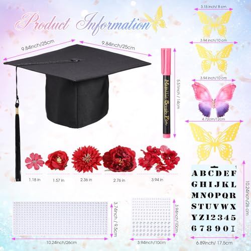 Lyrow 51 Pcs DIY Graduation Cap Decorations Kits Included Grad Cap Pens Faux Flowers Letter Number Stencils Rhinestones Stickers 3D Butterflies for Grad Hat Topper Decors Craft Art DIY(Red) - color: Red
