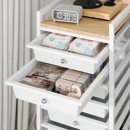 10 Tier Rolling Storage Utility Cart Organizers with 9 Drawers and Metal Fence Wooden Tabletop (White)
