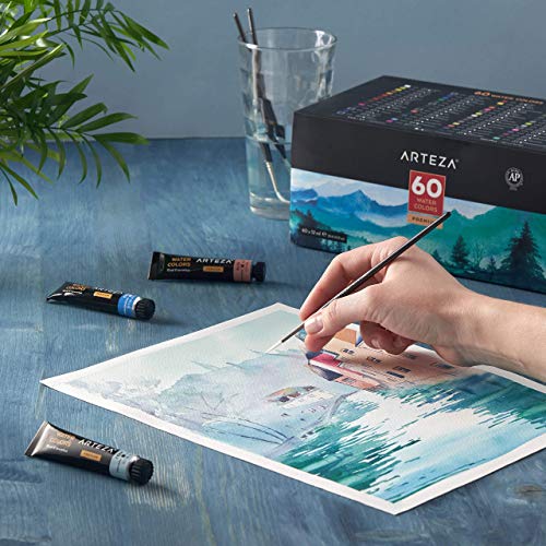 Arteza Watercolor Paint Set and Stretched White Blank Canvas Multi Pack Bundle, Painting Art Supplies for Artist, Hobby Painters & Beginners
