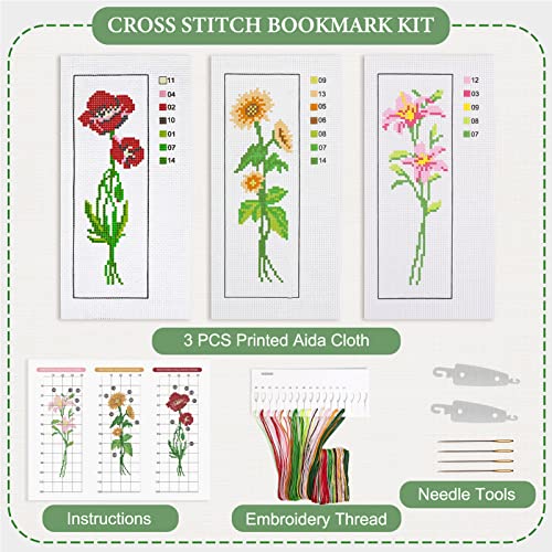 Caydo 3 Pieces Cross Stitch Bookmarks, DIY Stamped Embroidery Bookmark Kit | Cross Stitch Bookmarks for Beginner Flower Patterns 14 Count Crossstitch Projects for Book Lovers