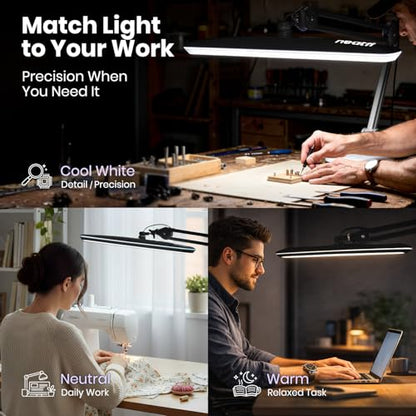 Neatfi XL 2,200 Lumens 20W LED Task Lamp – 23” Ultra-Wide Head | 182 SMD LEDs | 4 Brightness Levels | 3 Light Modes | Eye-Caring, Glare-Free | Adjustable Arm (Black, CCT with Clamp) - color: Black