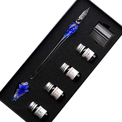 Crystal Glass Intarsia Dip Pen Fountain Pen Kit Vintage Calligraphy Signatures Pen with 4 Colors Ink, Pen Holder, Cleaning Cup, Dark Blue - color: dark blue