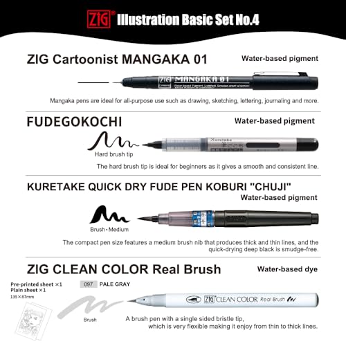Kuretake Zig Inktober pen set, for Illustration, Manga Drawing, Lettering and Calligraphy, Professional Artist, Made in Japan (Basic No.4(4pcs.)) - style: Basic No.4(4pcs.)