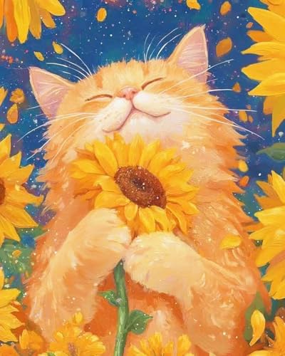 ZRIZQ Paint by Numbers Kit for Adults Beginner Animal,Cat Sunflowers,16x20 | Full set with wooden brushes,rolled canvas,rich paints.Calming activity.Beginner friendly.Just open and paint. - color: 16"X20"Rolled Canvas(Frameless)-Cat 12