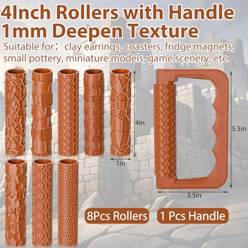 Leriton 9 Pcs Clay Texture Roller Set with Handle, 8-Pattern 3D-Printed Miniature Texture Rollers for Clay, Miniatures, Tabletop, Pottery (Terrain) - style: Terrain