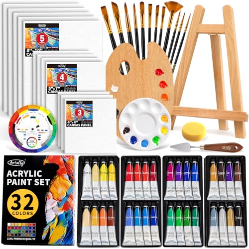 ARTALLY Acrylic Paint Set for Adults & Kids, 62 Pcs Canvas Painting Kits, 32 Colors Acrylic Paint (22ML),Table Easel,Brushes,Canvas, Art Painting Supplies Kit for Students,Artists,Beginners - size: 62 Piece Set