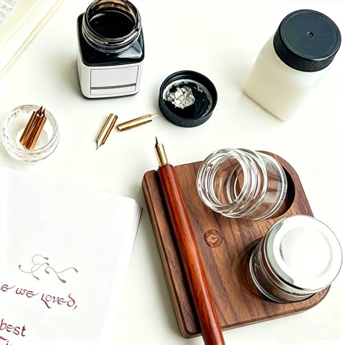 Upgrade Wooden Tilting Calligraphy Pen Holder with Two Glass Ink Bottle Container, Calligraphy Oblique Nib Holder Stand Base Set Desktop Tabel Decoration - style: Upgraded Two Glass Ink Holders