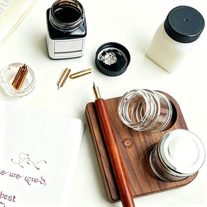 Upgrade Wooden Tilting Calligraphy Pen Holder with Two Glass Ink Bottle Container, Calligraphy Oblique Nib Holder Stand Base Set Desktop Tabel Decoration - style: Upgraded Two Glass Ink Holders