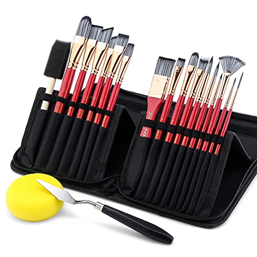 Transon 20Pcs Art Paint Brush Kit with Storage Case, 16 Brushes + Foam Brush Spatula Sponge for Acrylic Oil Watercolor Gouache, Adults Teens Beginners Art Supplies - color: Pink