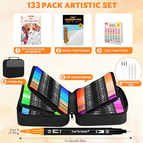 IVSUN 128 Colors Dual Tip Watercolor Markers Pens with Bag-Brush & Fine - color: 128 Colors