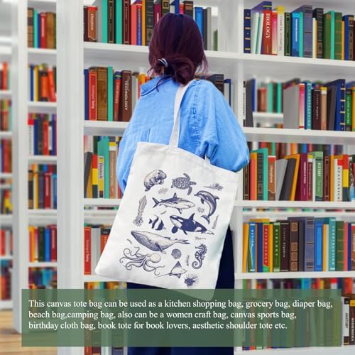 Canvas Aesthetic Tote Bag for Women with Inner Pocket Totes Shoulder Book Bag Shopping Reusable Grocery Bags - color: Sea Life Tote Bag 1