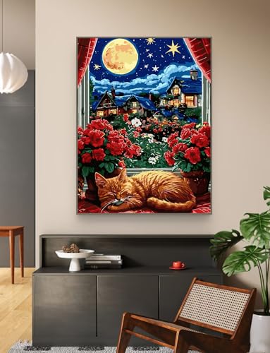 ZRIZQ Paint by Numbers Kit for Adults Beginner,Moon Cat,16x20 | Full set with wooden brushes,rolled canvas,rich paints.Calming activity.Beginner friendly.Just open and paint. - color: 16"X20"Rolled Canvas(Frameless)-Moon Cat
